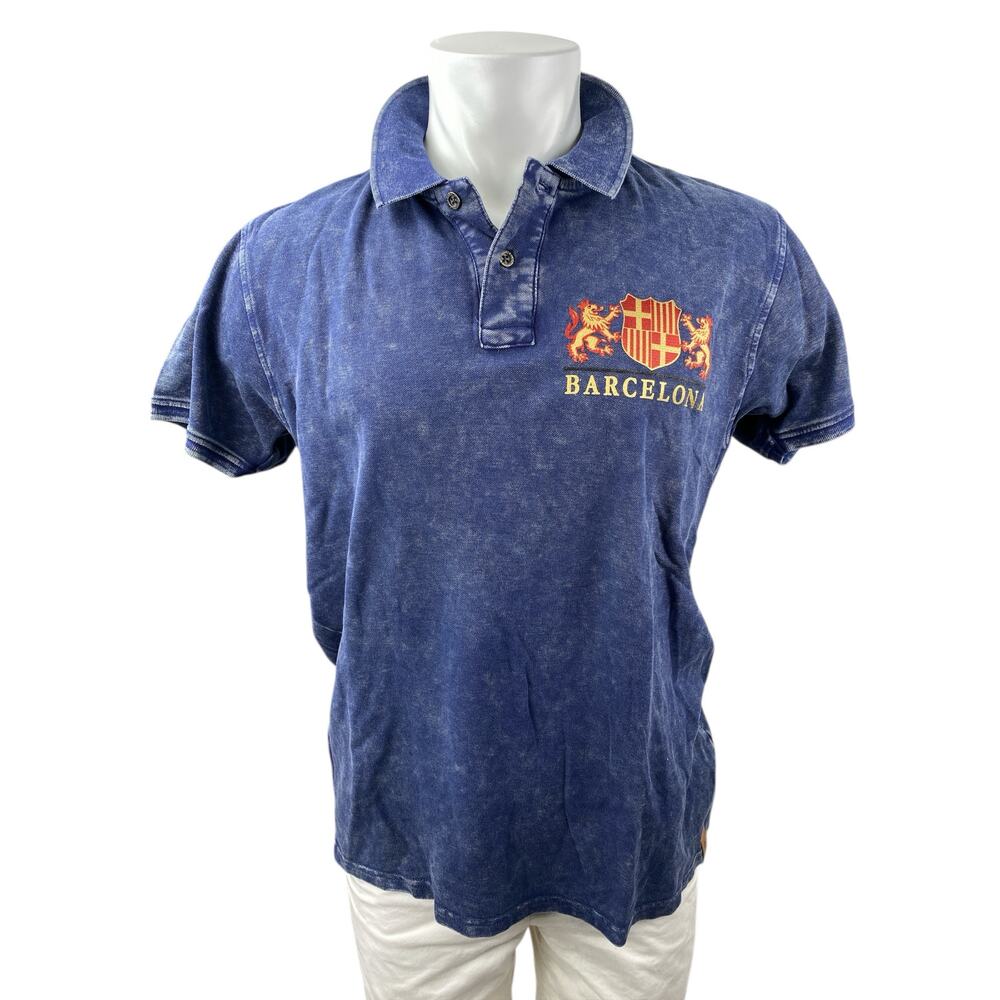 NEW Originals Men's Blue Washed Barcelona Crest Short Sleeve Polo Shirt Top M